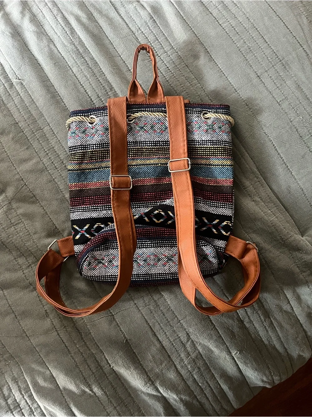Multicolor Boho Woven Mini Backpack with Tan Trim